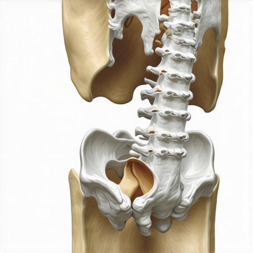 Anatomical diagram of the pelvis and lumbar spine showing how hip tension causes back pain.
