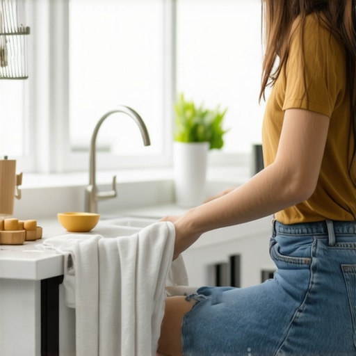 Proper ergonomics using a footstool while doing kitchen chores to prevent back pain.