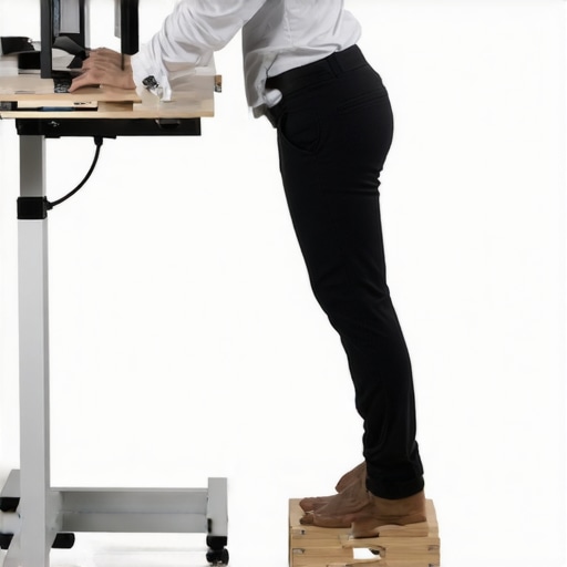 A person using a footrest at a standing desk to reduce lower back pressure.