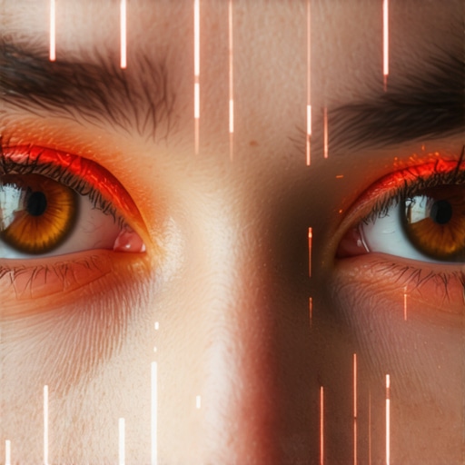 Close up of eyes reflecting a screen with highlighted neck tension areas.
