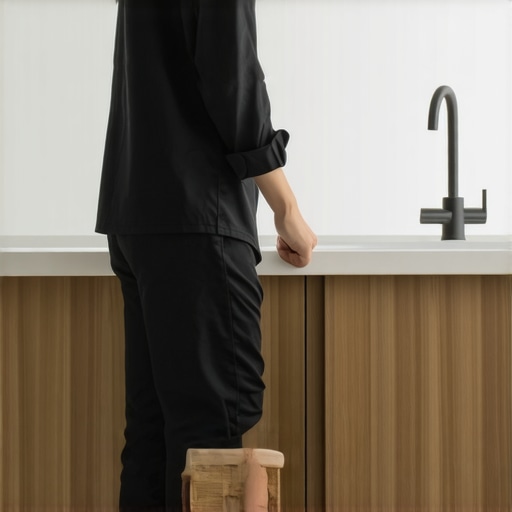 Demonstration of using a footstool at a kitchen sink to relieve lower back pressure and protect the spine.