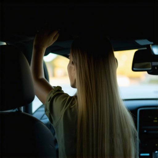 Driver adjusting rearview mirror to maintain upright spinal alignment.