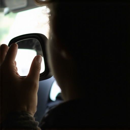 Driver adjusting rearview mirror to maintain upright posture and avoid neck strain