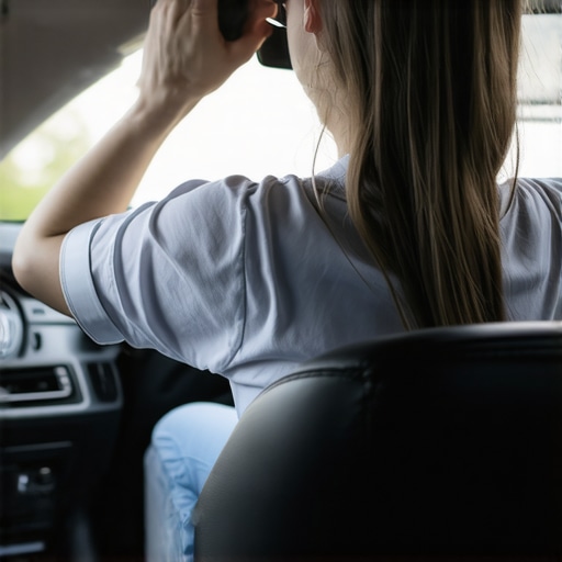 A driver adjusting their car mirror while maintaining a neutral spine with a lumbar roll.