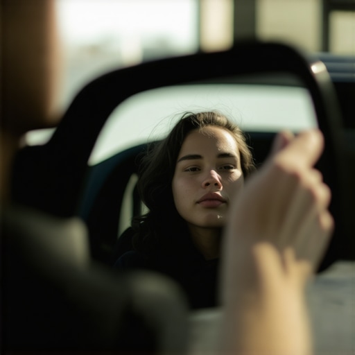 Person adjusting car mirror to maintain healthy spinal alignment while driving.
