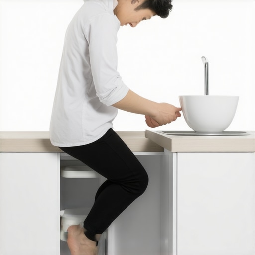 Person using a staggered stance with a footstool while washing dishes to protect the lower back.