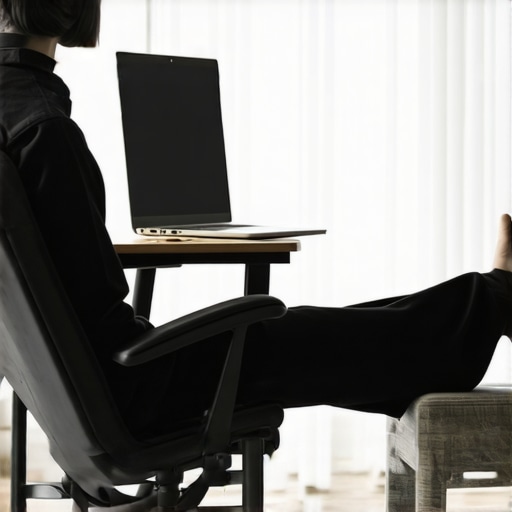 Ergonomic desk tools including laptop stand, lumbar support, and footstool for back pain relief