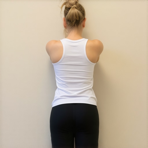 A person performing a wall slide to improve posture and reduce neck pain.