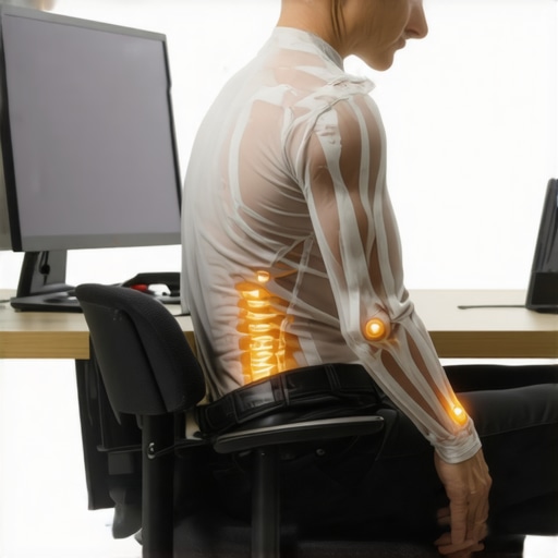 Person sitting stiffly at a desk showing muscle tension