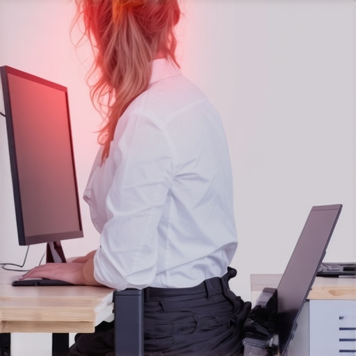A person sitting rigidly at a desk to show how perfect posture can cause back pain.