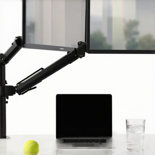 A desk setup with an adjustable monitor arm and mobility tools to prevent neck pain.