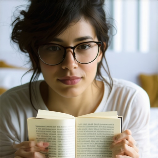 Person reading in bed with prism glasses to maintain neutral neck posture