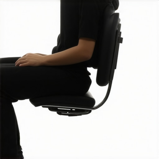 Close up of a person using a lumbar roll in an office chair to support the lower spine.