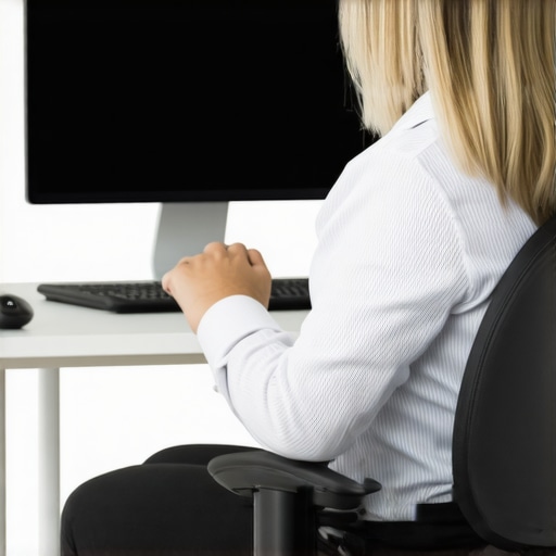 A person using a lumbar support roll to improve posture and reduce neck strain at a desk