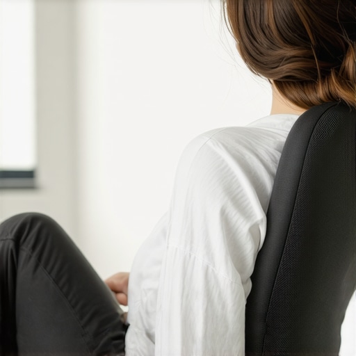Person using a lumbar roll in an office chair to support lower back health and posture.