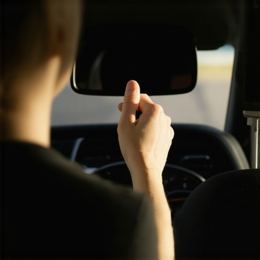 Person adjusting car mirror to maintain healthy spinal alignment while driving.