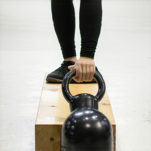 Using a Slant Board for Ankle Mobility A person performing a weighted stretch on a slant board to improve ankle dorsiflexion and squat depth.