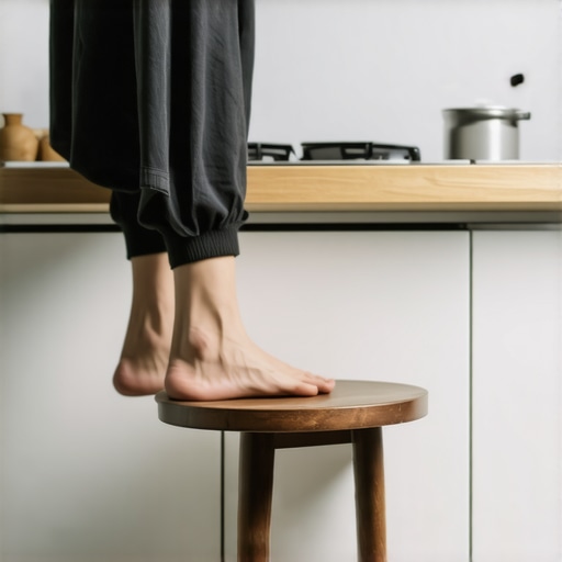 Person using a step stool in the kitchen to maintain a neutral spine and relieve lower back pressure.