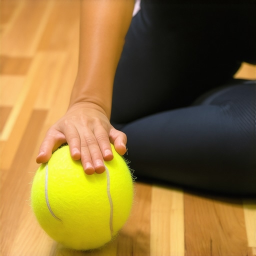 Person using a tennis ball to massage glutes and relieve lower back tension on a floor.