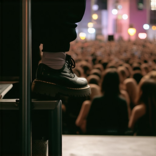 A person using the one-foot-up rule to relieve back pain while standing at a music venue.