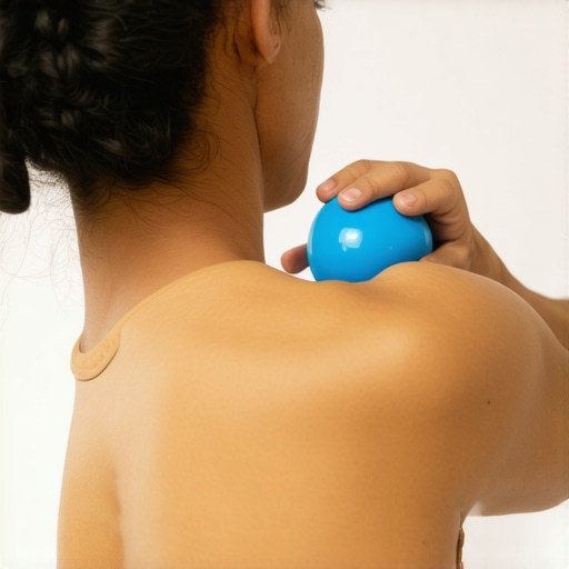 Person using a lacrosse ball against a wall to relieve muscle knots in the thoracic spine area.