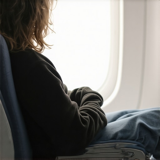 A passenger using a rolled-up sweater as lumbar support in an economy airplane seat to prevent back pain.