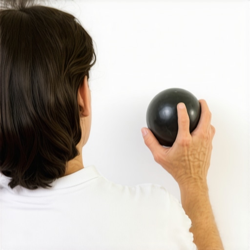 A person performing self-massage on shoulder blades using a ball against a wall.