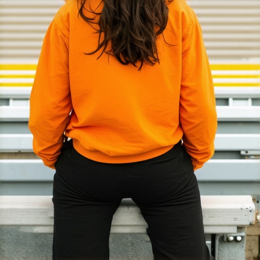 A person demonstrating proper ergonomic lumbar support using a rolled jacket on a metal stadium bench.