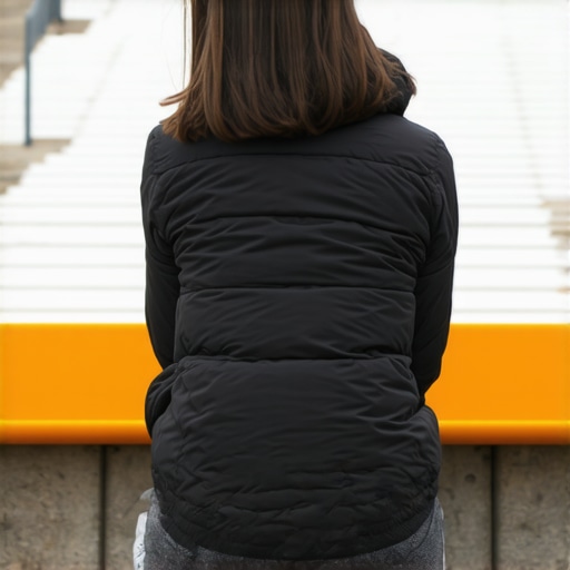 A person demonstrating how to use a rolled jacket as a lumbar roll on a metal stadium bench to prevent back pain.