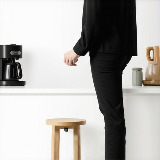 A person using the one-foot-up rule with a step stool to reduce back pressure while standing in the kitchen.