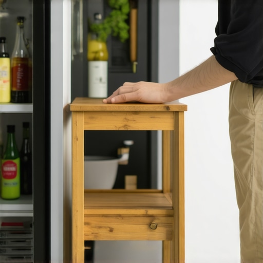 A step stool placed in a kitchen to help prevent back strain during reaching.