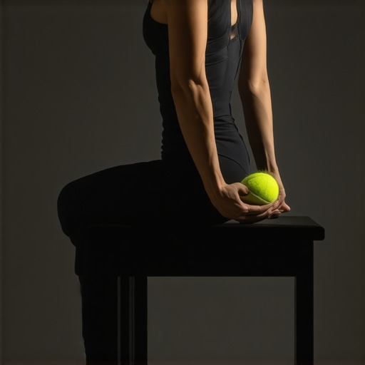 Person demonstrating how to use a tennis ball for deep glute muscle release while sitting