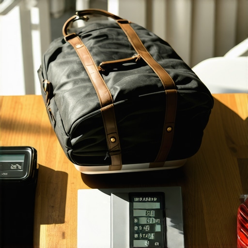 A person using a digital scale to check the weight of their daily tote bag to prevent back pain.
